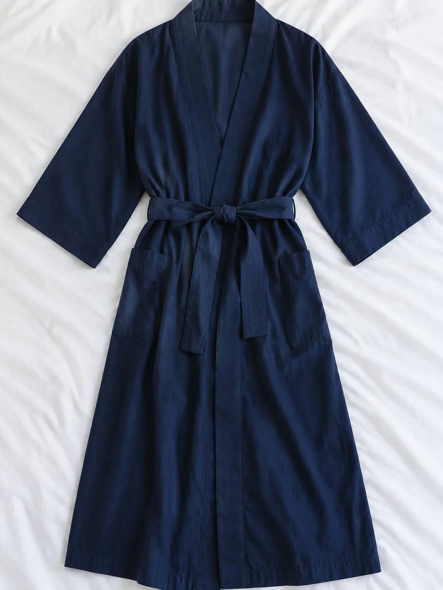Bata kimono de algodón ligero, azul noche, extendido sobre sábana blanca