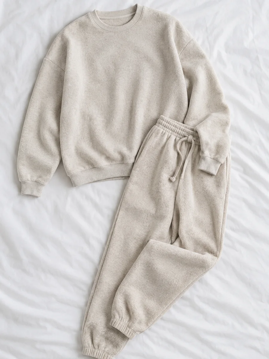 Conjunto de sudadera y pantalón de casa, avena, extendido sobre sábana blanca
