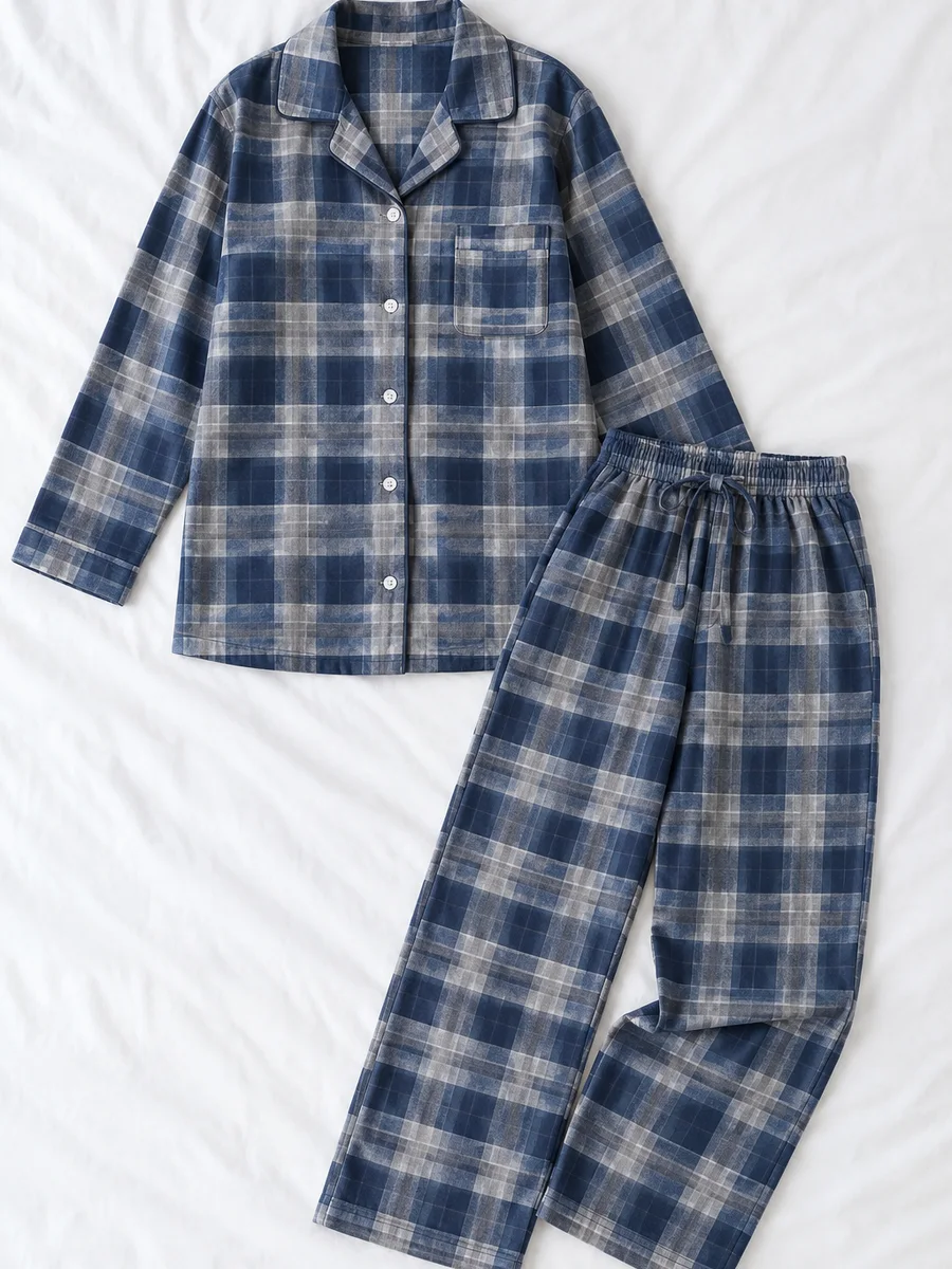 Pijama largo de franela, cuadro azul y gris, extendido sobre sábana blanca
