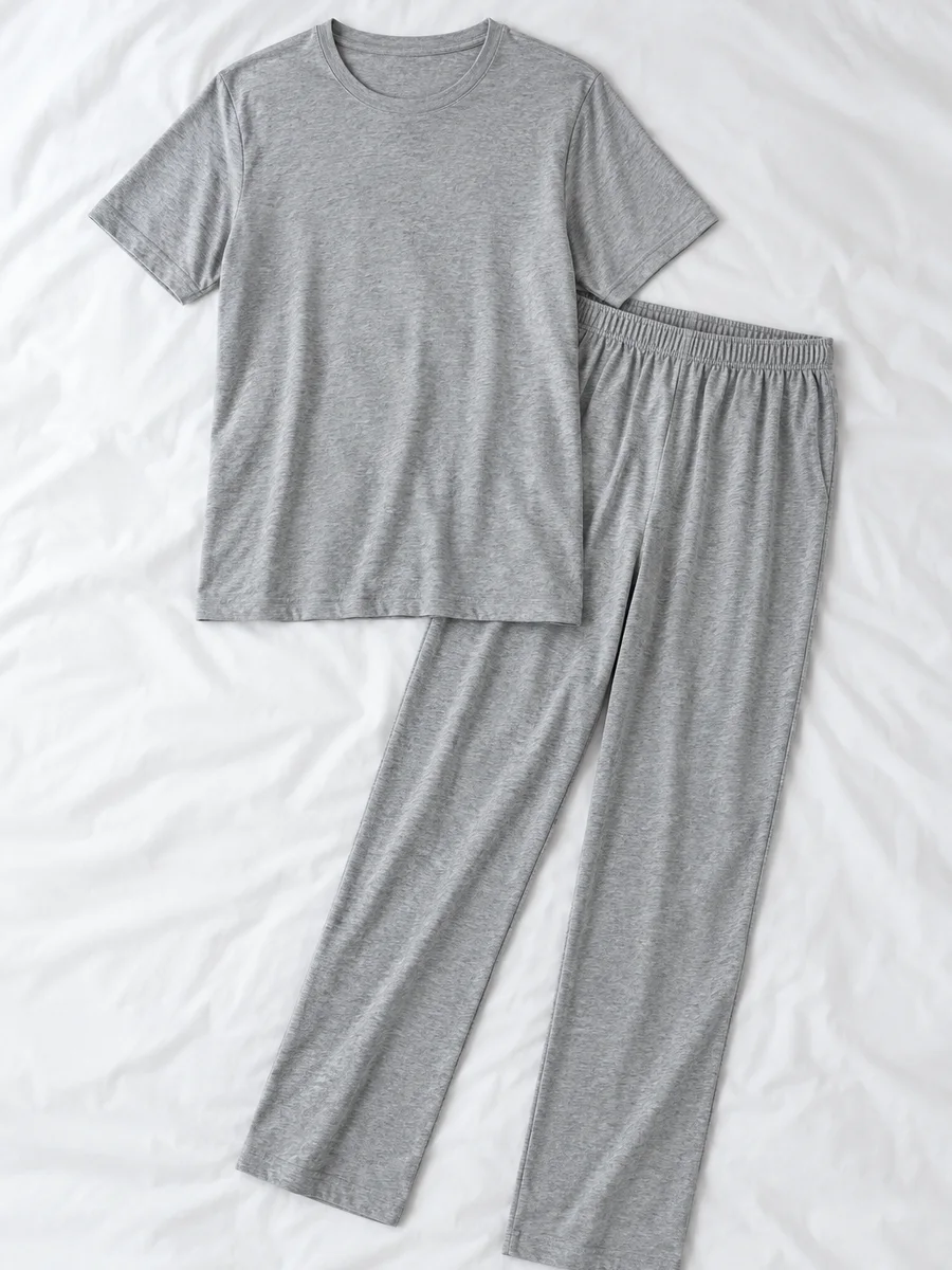 Pijama de punto con pantalón largo, gris jaspeado, extendido sobre sábana blanca