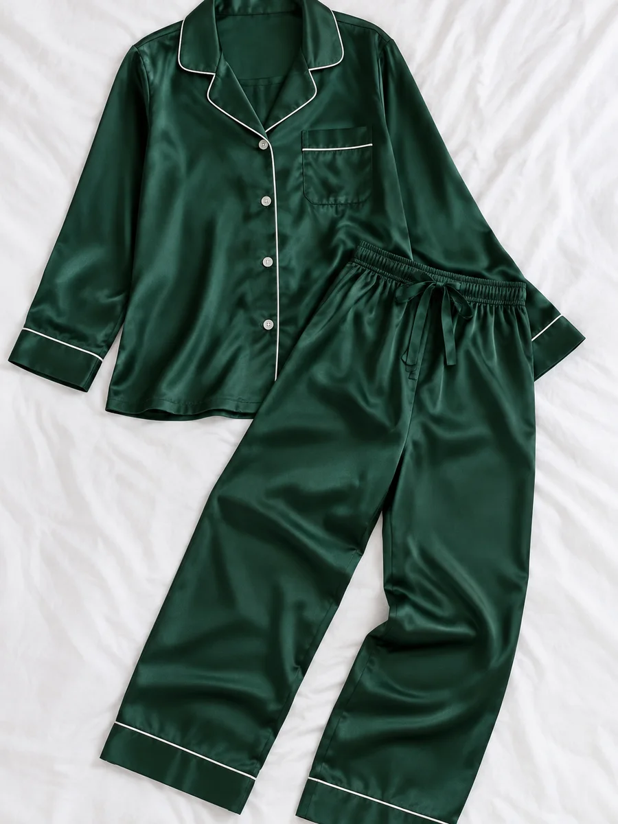 Pijama satinado con ribete, verde botella, extendido sobre sábana blanca